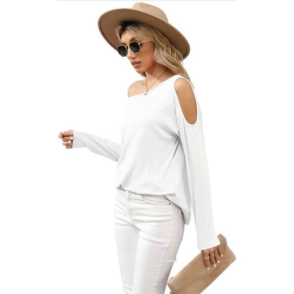 HIYIYEZI Women Cold Shoulder Tops Off One Shoulder Shirts Boat Neck Long Sleeve - Picture 3 of 6